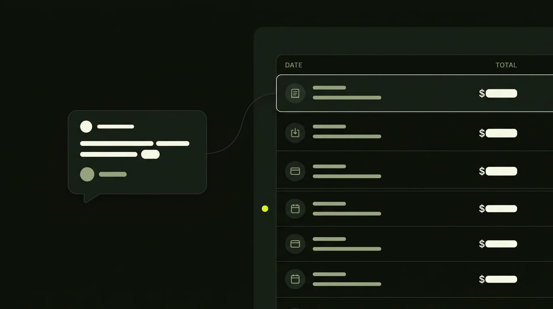 A minimalist dark digital ledger interface showing a simple expense text bubble.