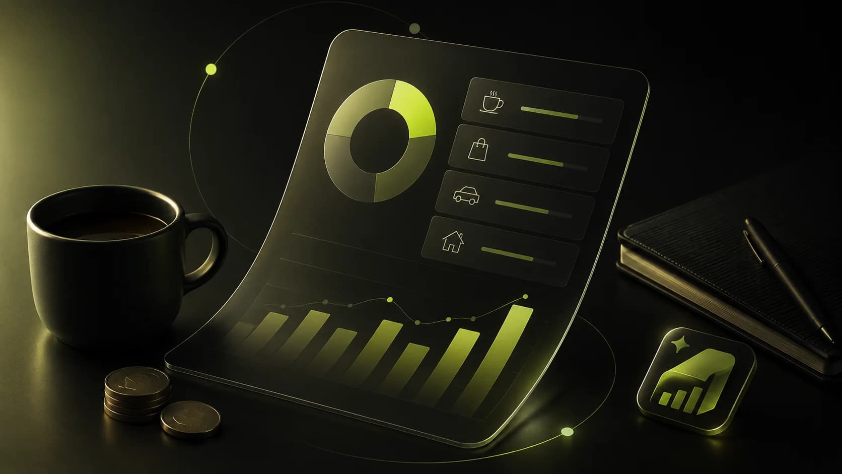 A calm monthly expense tracking workspace with abstract ledger cards and a small green accent