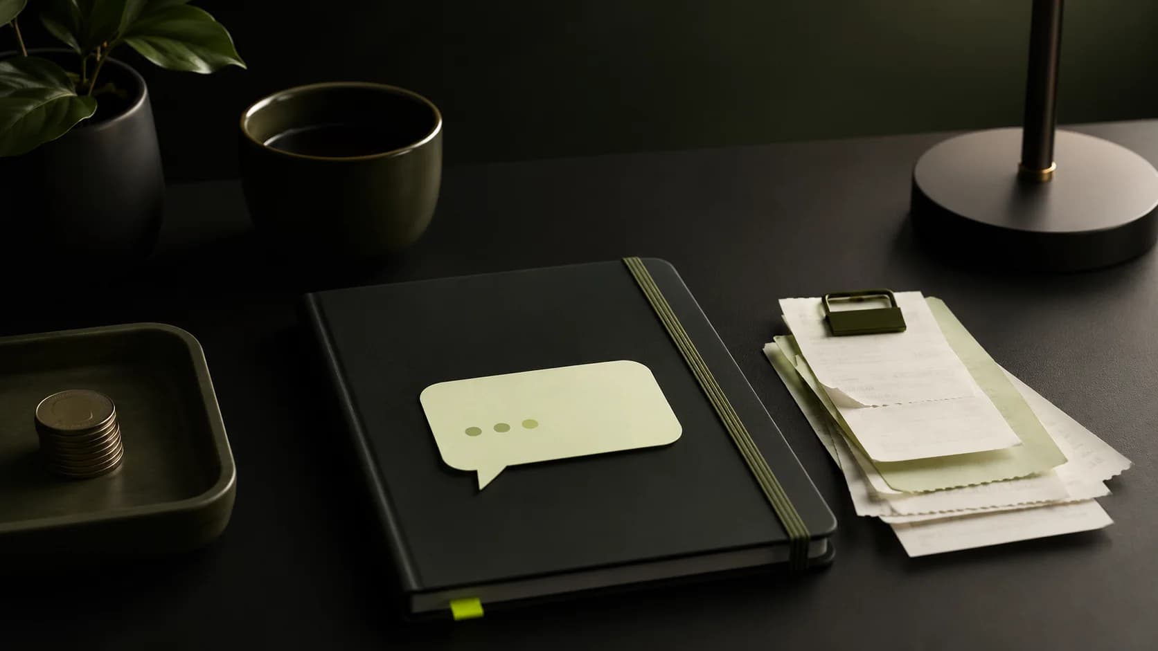 A calm dark desk scene with categorized receipts and a simple conversational expense note