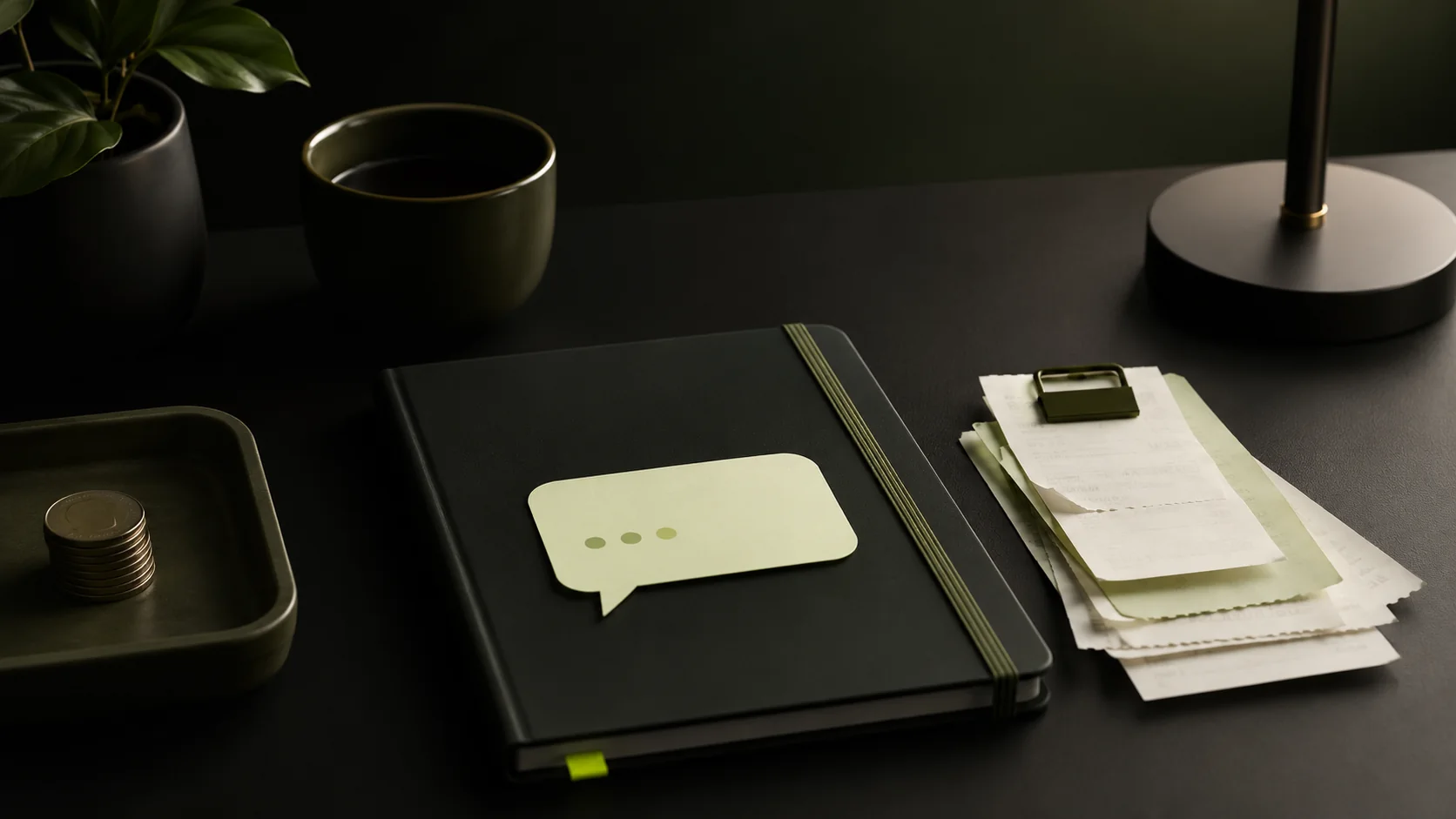 A calm dark desk scene with categorized receipts and a simple conversational expense note
